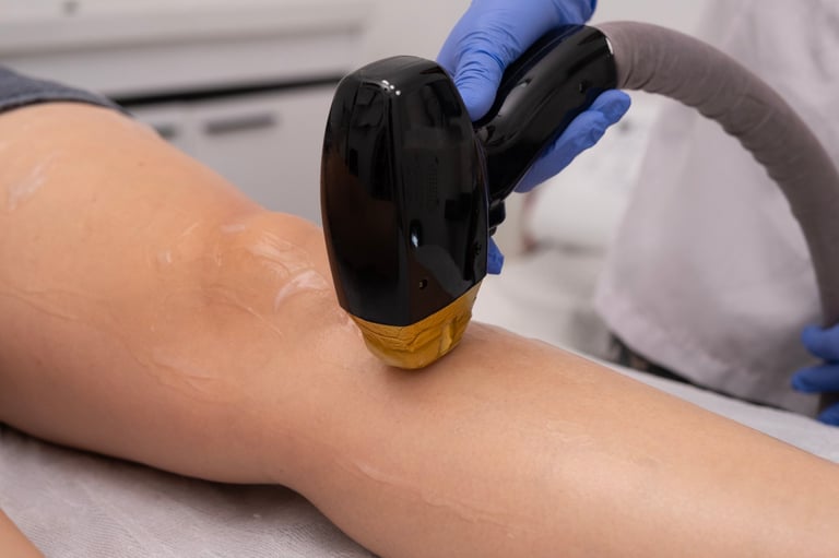 Laser hair removal procedure on beautiful female legs at beauty studio