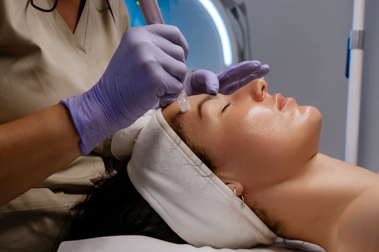 Woman receiving professional microneedling treatment at cosmetology clinic